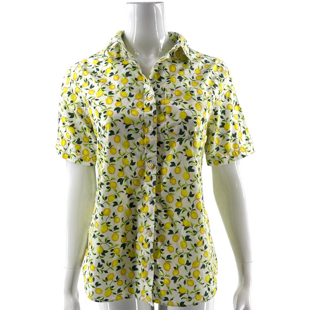 Lands End No Iron Top Size XS White Yellow Lemon Fruit Print Button Up Shirt